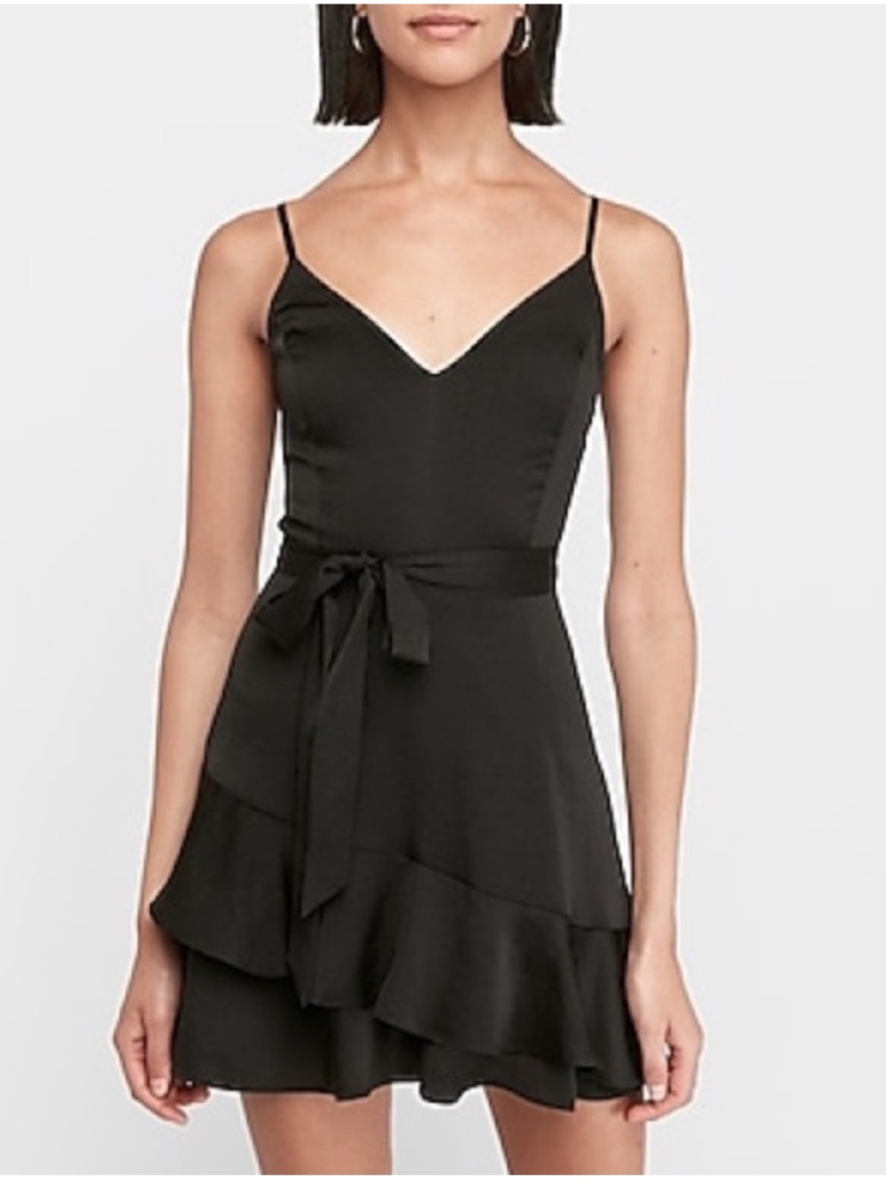 Express Black Ruffle-Hem Tie-Waist V-Neck Spaghetti Strap Romper Size Small